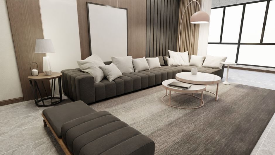 Contemporary living room featuring minimalist furniture, large windows, and sleek design. Perfect for interior inspiration.